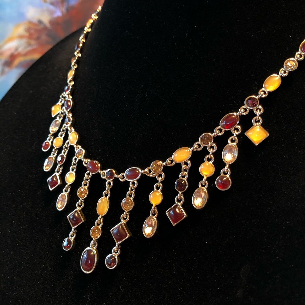 Gold Tone Necklace Warm Colored Crystals And Beads